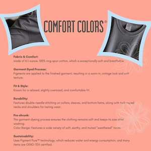 May include: The image displays a Comfort Colors t-shirt, detailing its characteristics. The text focuses on the soft fabric, garment-dyed process for a vintage appearance, relaxed fit, durable double-needle stitching, pre-shrunk design, and a selection of muted tones.