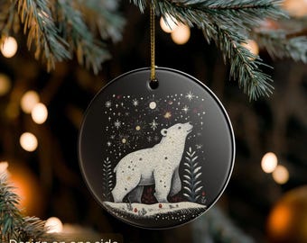 Ceramic Polar Bear Ornament, Starry Night Christmas Decor, Nordic Woodland Holiday Ornament, Cozy Winter Gift Idea