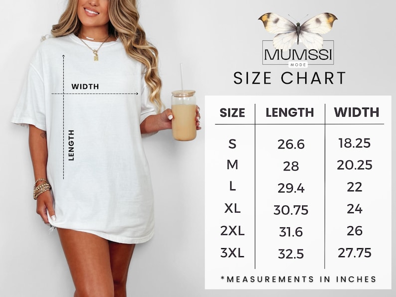 May include: A white t-shirt with a size chart, featuring measurements in inches. The chart lists sizes S through 3XL, with corresponding length and width measurements. The MUMSSI MODE logo is at the top.