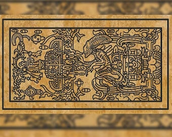May include: A black and white line drawing of an alien creature with intricate details. The creature is surrounded by geometric shapes and patterns, creating a complex and visually interesting design.