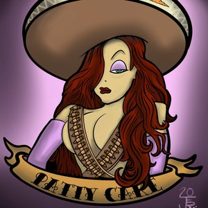 May include: Illustration of a woman with red hair wearing a brown sombrero with carrot and flower details. She has a bullet belt and a banner that reads "Patty Girl". The background is a gradient of purple.