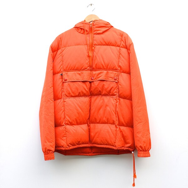 Vintage Down Jacket -  60s/70s Bright Orange Goose Down Hooded Puffer Jacket - Hunting Camping Blue Goose Down Pull Over Coa