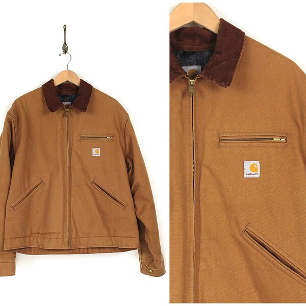 Vintage Carhartt Jacket - 90s Carhartt Blanket Lined Jacket - 90s Workwear Carhartt Tan Canvas Brown Cord Collar Field Jacket Size Lrg/XL