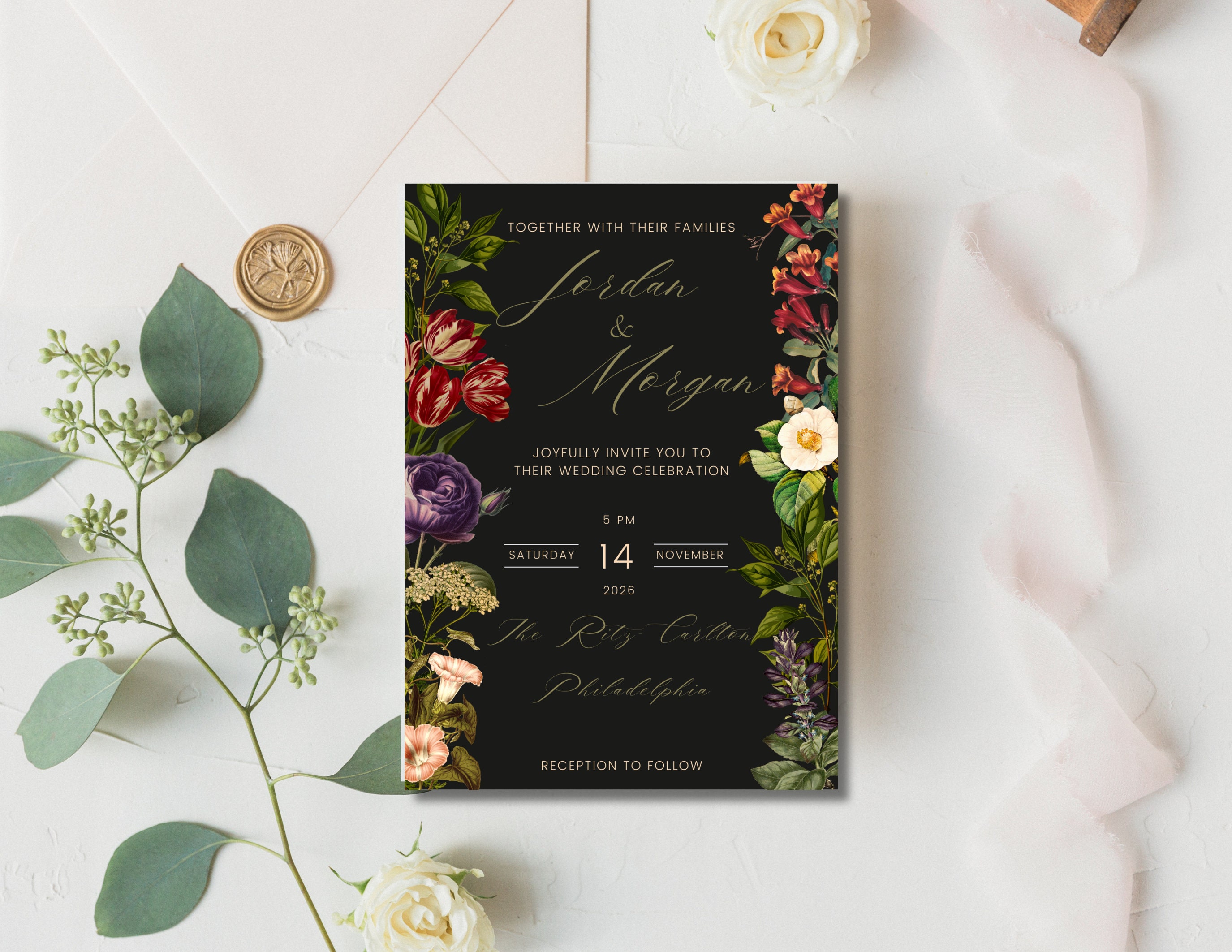 Moody Florals Wedding Invitation Template, Printable Wedding Invitation, Dark Floral Invitation ...