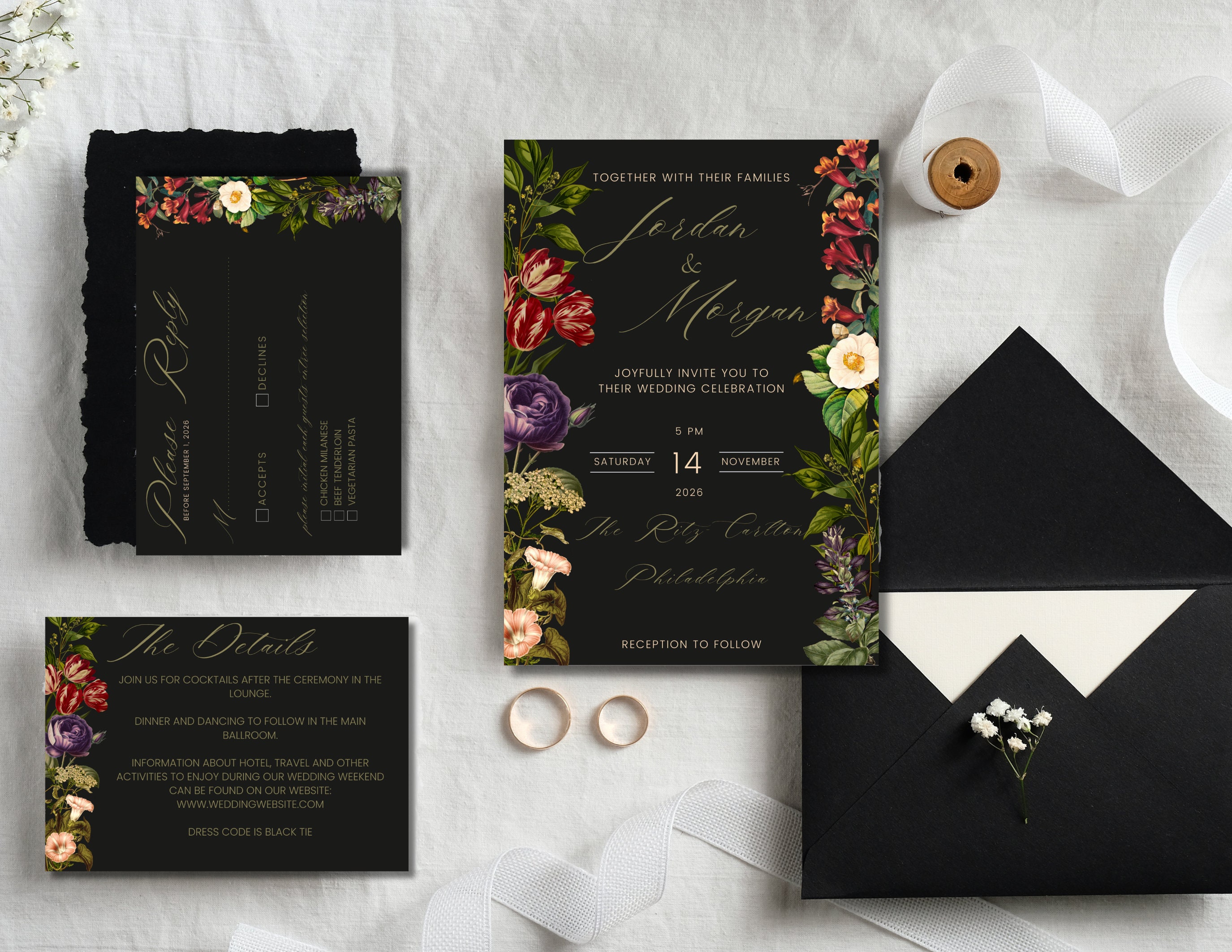 Moody Florals Wedding Invitation Template, Printable Wedding Invitation ...