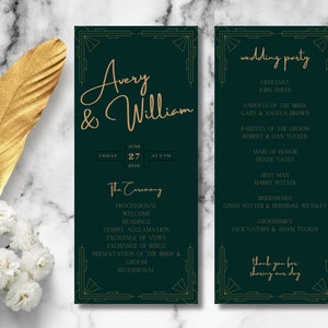 May include: A green and gold wedding program with the names Avery & William and the date Friday, June 27, 2026. The program lists the order of the ceremony and the wedding party.