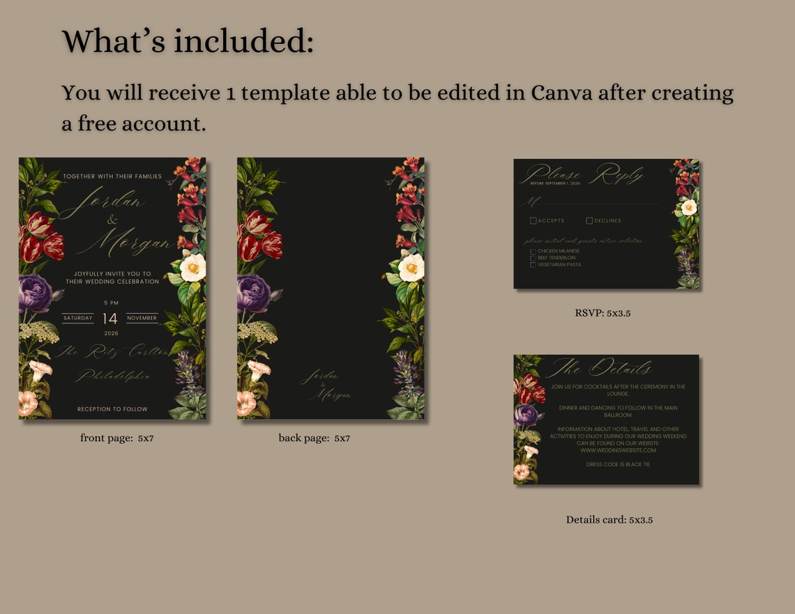 Moody Florals Wedding Invitation Template, Printable Wedding Invitation, Dark Floral Invitation ...