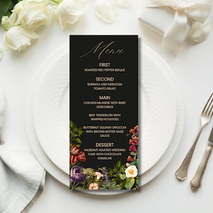Plantilla de menú de boda Moody Florals, menú de boda imprimible, menú de boda floral oscuro, menú de boda floral, menú de impresión digital