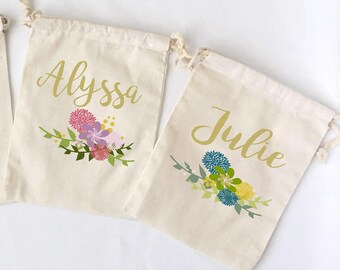 Personalized Muslin Favor Bags: Floral Bridesmaid Gifts, Set of 5