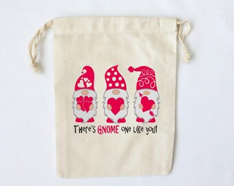 Gnome Valentine Favor Bags: Personalized Cotton Loot Bags - Set of 5