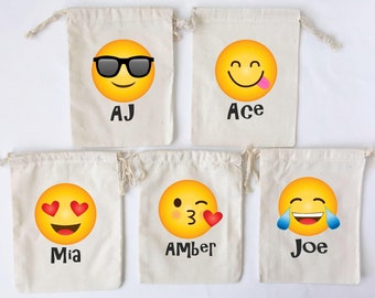 Emoji Favor Bags Emoji Party Favors Personalized Party Gift Bags Goodie Bags Birthday Party Favors Cotton Drawstring Bags - SET OF 5 BAGS