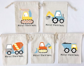 Construction Trucks Birthday Party Favor Bags Personalized Loot Bags Goodie Bags Candy Bags Dump Truck Excavator  - SET OF 5 BAGS