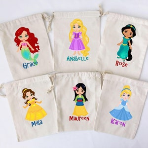 Princess Favor Bags Birthday Party Favors Prince Rapunzel Ariel Jasmine Belle Mulan Cinderella Cotton Drawstring Favor SET OF 5 BAGS image 6