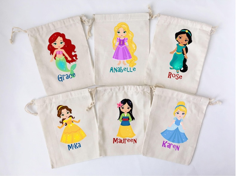 Princess Favor Bags Birthday Party Favors Prince Rapunzel Ariel Jasmine Belle Mulan Cinderella Cotton Drawstring Favor SET OF 5 BAGS image 6