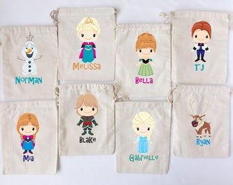Frozen Favor Bags Frozen Party Favors Personalized Party Bags Loot Bags Birthday Party Favors Anna Elsa Cotton Drawstring Bag- SET OF 5 BAGS