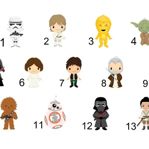 May include: A collection of thirteen Star Wars character illustrations. Characters include a Stormtrooper, Luke Skywalker, C-3PO, Yoda, Darth Vader, Princess Leia, Han Solo, Obi-Wan Kenobi, R2-D2, Chewbacca, BB-8, Kylo Ren, and Rey.