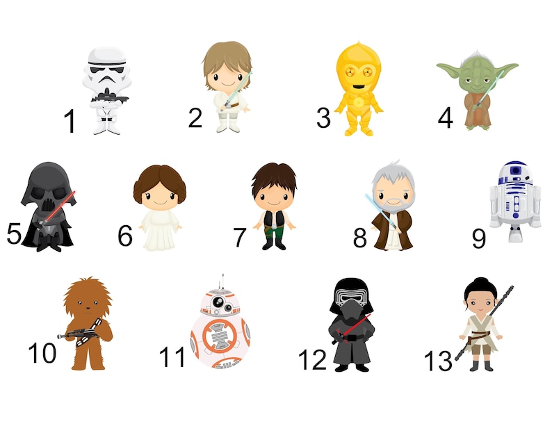 May include: A collection of thirteen Star Wars character illustrations. Characters include a Stormtrooper, Luke Skywalker, C-3PO, Yoda, Darth Vader, Princess Leia, Han Solo, Obi-Wan Kenobi, R2-D2, Chewbacca, BB-8, Kylo Ren, and Rey.