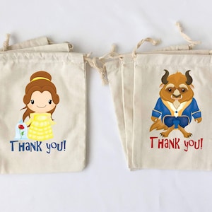 Beauty and the Beast Favor Bags Beauty and the Beast Party Favors Personalized Party Gift Bags Cotton Favor Bags - SET OF 5 BAGS