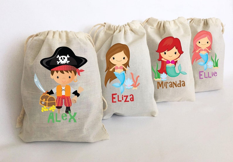 Mermaid Favor Bags Mermaid Party Favors Personalized Party Gift Bags Pirates Birthday Party Favors Under the Sea Cotton Bags SET OF 5 BAGS image 1