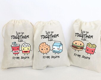 Valentine's Day Favor Bags Food Pair Design Candy Bags Personalized Galentine's Party Treat Bags School Party Bags for Kids - SET OF 5 BAGS