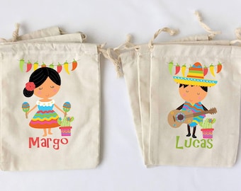 Personalized Fiesta Favor Bags: Cinco de Mayo Cotton Gift Bags - Set of 5