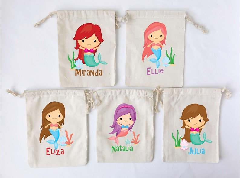 Mermaid Favor Bags Mermaid Party Favors Personalized Party Gift Bags Pirates Birthday Party Favors Under the Sea Cotton Bags SET OF 5 BAGS image 2