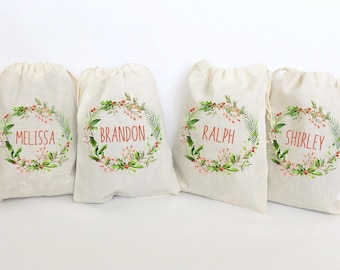 Christmas Favor Bags Stocking Stuffers Holiday Party Favors Personalized Party Gift Bags Loot Bags Holiday Wreath Cotton Bags -SET OF 5 BAGS