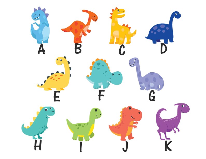 Puede incluir: Un gr&aacute;fico de alfabeto colorido con 10 dinosaurios diferentes, cada uno con una letra del alfabeto. Los dinosaurios son de varios colores, incluyendo azul, naranja, amarillo, verde y morado.