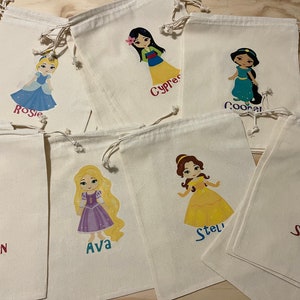 Princess Favor Bags Birthday Party Favors Prince Rapunzel Ariel Jasmine Belle Mulan Cinderella Cotton Drawstring Favor SET OF 5 BAGS image 7