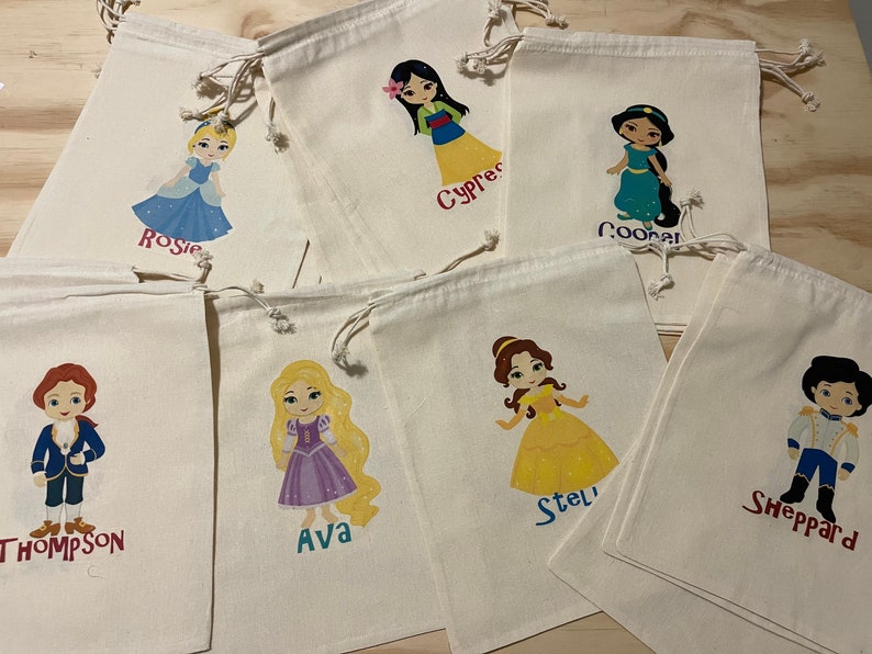 Princess Favor Bags Birthday Party Favors Prince Rapunzel Ariel Jasmine Belle Mulan Cinderella Cotton Drawstring Favor SET OF 5 BAGS image 7