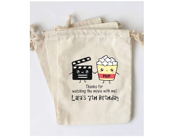 Personalized Movie Night Favor Bags: Set of 5 Cotton Goodie Bags