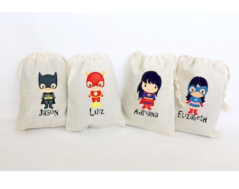 Personalized Superhero Favor Bags: Set of 5 Cotton Birthday Party Gift Bags