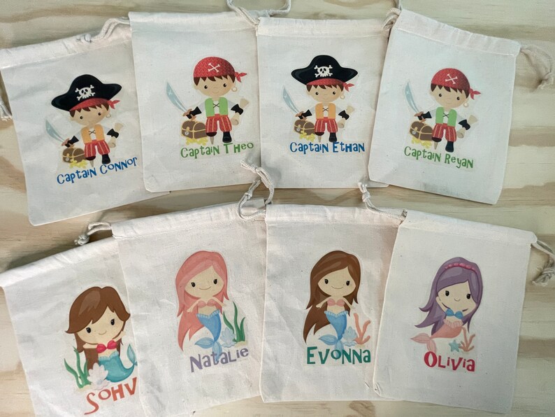 Mermaid Favor Bags Mermaid Party Favors Personalized Party Gift Bags Pirates Birthday Party Favors Under the Sea Cotton Bags SET OF 5 BAGS image 6