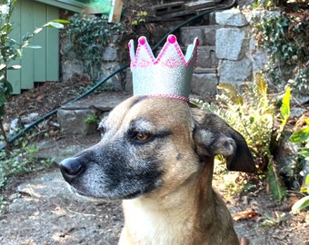 Silver/Pink Dog Glitter Crown with Embellishments