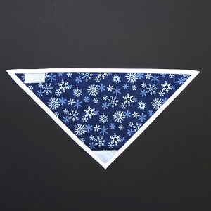 May include: A blue bandana with a white border and a snowflake pattern.