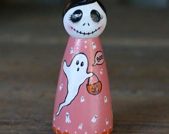 Halloween Peg Doll, Pink Skeleton Girl with Ghosts Hand Painted Art Doll