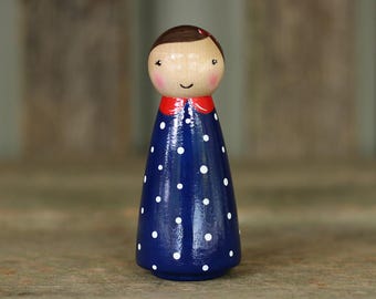 Patriotic Peg Doll, Red White And Blue Polka Dot Girl, 4th of July Hand Painted Figurine