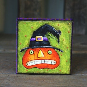 Halloween Folk Art Painting, Jack o&#39;Lantern in Witch Hat with Spider, Hand Painted Original