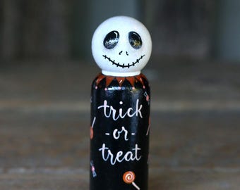 Halloween Peg Doll, Trick or Treat Skeleton Hand Painted Art Doll