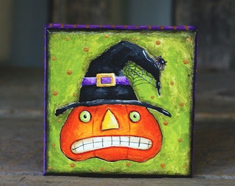 Halloween Folk Art Painting, Jack o'Lantern in Witch Hat with Spider, Hand Painted Original