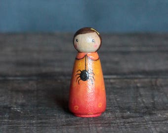 Halloween Peg Doll, Spider Girl Art Doll, Halloween Folk Art, Fall Tiered Tray Decor
