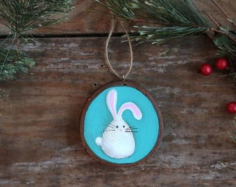 Bunny Ornament, Custom Christmas Ornament, Personalized Hand Painted Wood Slice, Tiered Tray Decor