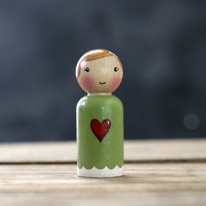 Custom Peg Doll, Sage Green Girl Doll with Red Heart, Tiered Tray Decor