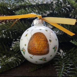 Bee Hive Ornament, Personalized Christmas Ornament, Custom Painted Glass Ornament, Country Style Painted Art Gift
