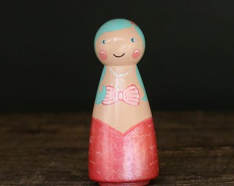 Mermaid Peg Doll in Coral and Teal, Hand Painted Beach Figurine