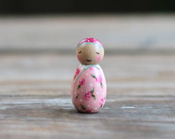 Custom Baby Peg Doll, Pink Roses Baby Shower Gift, New Baby Girl Ornament