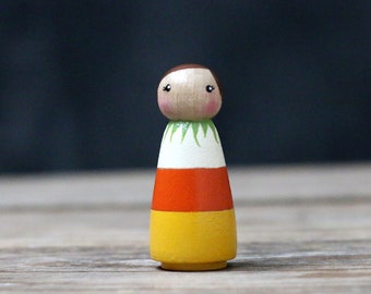 Candy Corn Peg Doll, Halloween Peg Doll, Custom Painted Art Doll, Tiered Tray Decor for Fall