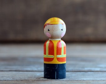 Construction Worker Peg Doll, Custom Peg Doll, Construction Worker Ornament, Construction Cake Topper