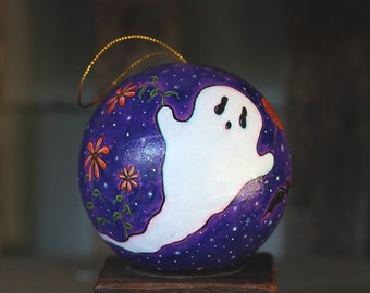 Halloween Folk Art Painting, Ghost with Flowers Purple Ornament, Hand Painted Original