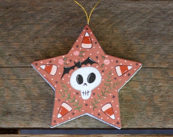 Halloween Painting, Candy Corn & Skull Star Ornament, Hand Painted Original Folk Art